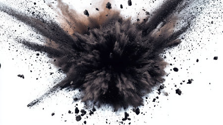 A large explosion is depicted in the image, with a cloud of dust and debris filling the air. The scene is chaotic and intense, with the explosion leaving a trail of destruction in its wakeの素材