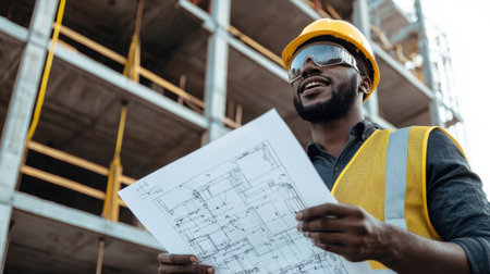 A man wearing a yellow vest and a hard hat is holding a blueprint. He is smiling and he is happyの素材