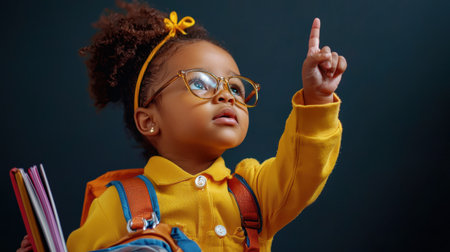 A young girl wearing glasses and a yellow shirt is pointing up. She is holding a backpack and a bookの素材