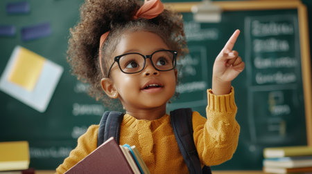 A young girl wearing glasses and a yellow sweater pointing at a blackboard. The blackboard has a lot of writing on it, including the word "important" and the number "1"の素材