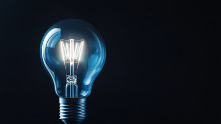 A single light bulb is glowing brightly in a dimly lit room. The bulb is the only source of light in the room, casting a warm, inviting glowの素材