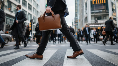 A man wearing a suit and carrying a brown briefcase walks across a busy city street. The scene is bustling with people and vehicles, creating a sense of urgency and movementの素材