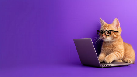 A cat wearing glasses is sitting on a laptop. Concept of humor and playfulness, as the cat is pretending to use the computer. The combination of the cat and the laptop creates a lightheartedの素材