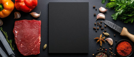 A black box with a white background sits on a table with various food items such as meat, vegetables, and spices. Concept of abundance and variety, as well as the idea of preparing a mealの素材