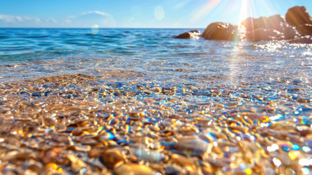 The water is calm and clear, with a few rocks scattered throughout. The sun is shining brightly, creating a beautiful and serene atmosphereの素材