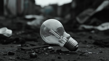 A light bulb is laying on the ground in a dark, dirty area. The scene is eerie and unsettling, with the bulb's broken state and the darkness surrounding itの素材