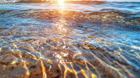 The water is calm and clear, with a bright sun shining on the surface. The water is reflecting the sun's rays, creating a beautiful and serene sceneの素材