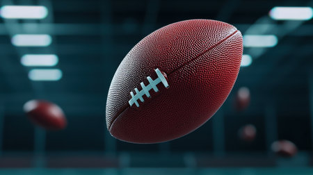 A football is flying in the air with a bunch of other footballs. Scene is energetic and excitingの素材