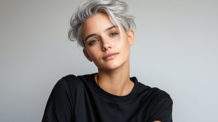 A woman with short hair and a black shirt is posing for a picture. She has a serious expression on her faceの素材
