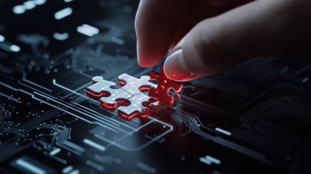 A hand is putting a red piece into a puzzle on a black background. The puzzle piece is red and has a white borderの素材