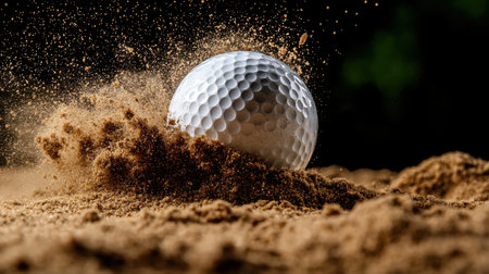 A white golf ball is rolling through the sand on a golf course. The ball is surrounded by a cloud of sand, which is being kicked up by the ball's movement. The scene is dynamic and energeticの素材