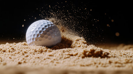 A golf ball is in the sand, with the sand surrounding it. Concept of motion and action, as if the ball is about to be hit by a golf club. The sandy surface adds a naturalの素材