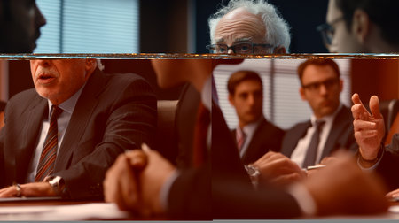 A man in a suit is talking to a group of people in a boardroom. The man is wearing glasses and has a serious expression on his face. The other people in the room are also dressed in suitsの素材