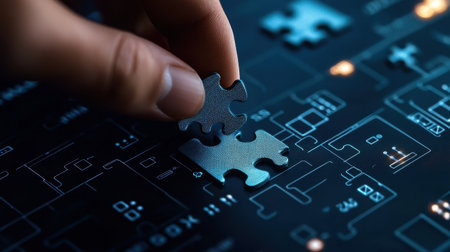 A person is putting a puzzle piece into a puzzle. The puzzle is on a computer screen. Concept of problem-solving and the satisfaction of completing a taskの素材