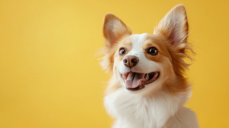 A dog with a white and brown coat is smiling and looking at the camera. The dog's tongue is sticking out, and it is happyの素材
