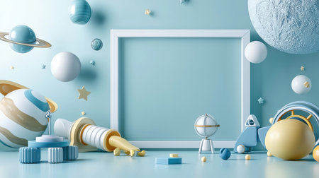 A blue background with a white frame and a bunch of space objects. The frame is empty and the background is filled with planets, stars, and other space objects. Scene is playful and imaginativeの素材