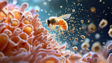 A bee is flying over a flower with a lot of pollen. The bee is surrounded by a lot of pollen, which is falling on the flower and the beeの素材