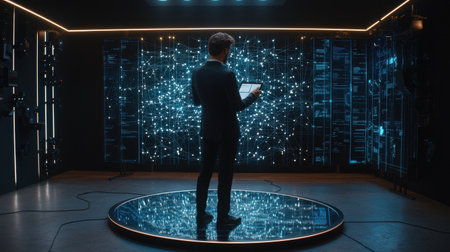 A man is standing in front of a computer screen with a laptop in his hand. The room is filled with blue lights and the man is wearing a suit. The scene appears to be futuristic and high-techの素材