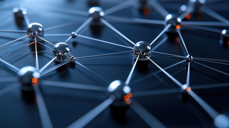 A close up of a network of spheres with a dark background. The spheres are connected by lines, and the image conveys a sense of complexity and interconnectednessの素材
