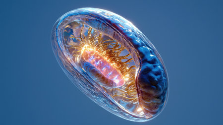 A cell is shown in a blue and gold color. The cell is surrounded by a blue and gold frameの素材