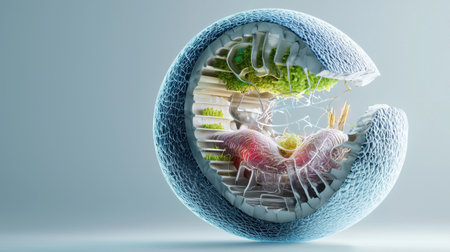 A blue sphere with a green stem and leaves. The sphere is broken and has a hole in itの素材