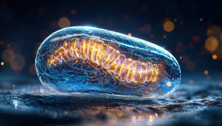 A glowing, twisted, and broken looking creature is floating in a blue container. The creature is surrounded by a blue and orange glow, giving it an otherworldly and eerie appearanceの素材