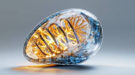 A glowing, translucent object with a blue and yellow pattern. It is a piece of art or a sculptureの素材