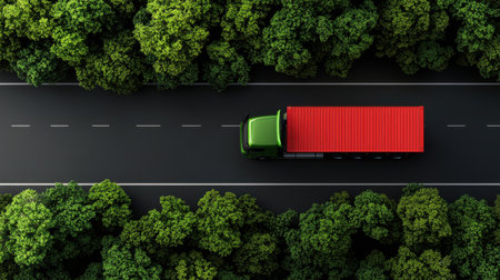 A green truck is driving down a road next to a forest. The truck is on a red trailerの素材