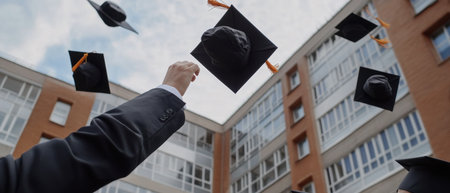 A man is holding up his graduation cap and gown, with several other graduates in the background. Scene is celebratory and proud, as the graduates have just completed their studiesの素材