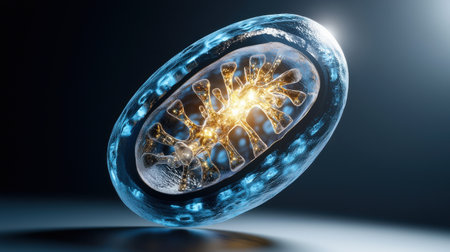 A blue and yellow cell with a yellow nucleus. The cell is surrounded by a blue shell. The cell is a representation of a cell in a computer-generated imageの素材