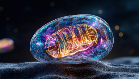 A glowing blue and yellow cell with a yellow nucleus. The cell is surrounded by a blue and purple glowの素材