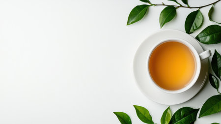 A white cup of tea sits on a white background with green leaves. Concept of calm and relaxation, as the tea is a popular beverage for unwinding and taking a break from the stresses of daily lifeの素材