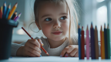 A young girl is sitting at a table with a pencil and a box of crayons. She is drawing a picture and she is focused on her work. Concept of creativity and concentrationの素材