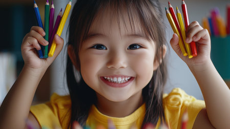 A young girl is holding a bunch of colored pencils and smiling. Concept of joy and excitementの素材