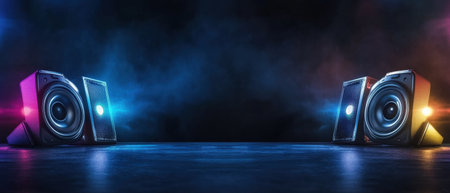 Two speakers are lit up in a dark room. The speakers are blue and redの素材