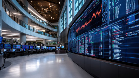 A large room with a large screen displaying stock market information. The room is filled with people working at computersの素材