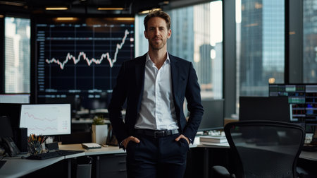 A man in a suit stands in front of a computer monitor with a smile on his face. He is confident and happy, possibly celebrating a successful day at workの素材