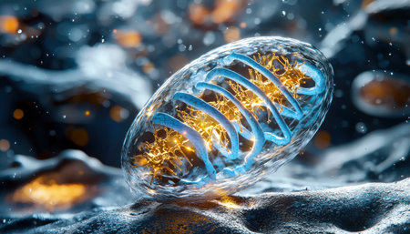 A blue and yellow cell with a spiral pattern. The cell is surrounded by a blue and orange backgroundの素材