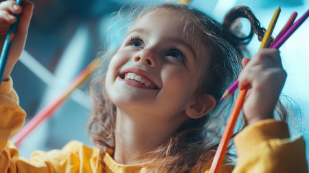 A young girl is holding a bunch of colored pencils and smiling. She is holding the pencils in her hands and she is happyの素材