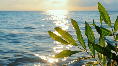 A leaf is floating on the surface of the ocean. The water is calm and the sun is setting, creating a beautiful and serene atmosphereの素材