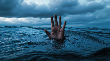A hand is in the water, and the sky is cloudy. Scene is somber and melancholicの素材