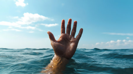 A hand is in the water, with its fingers spread out. The water is calm and clear, and the sky is blueの素材