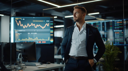 A man in a suit stands in front of a computer monitor with a frown on his face. He is looking at the screen with a serious expressionの素材