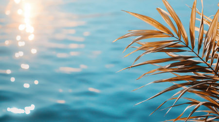 A leaf floating on the surface of the water. The water is blue and the leaf is brownの素材