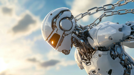 A robot with a chain around its neck is flying through the sky. The robot is white and has a metallic appearance. The sky is blue with some clouds, and the sun is shining brightlyの素材