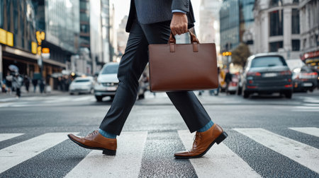 A man wearing a suit and carrying a brown briefcase walks across a crosswalk. The scene is set in a busy city street with cars and pedestriansの素材