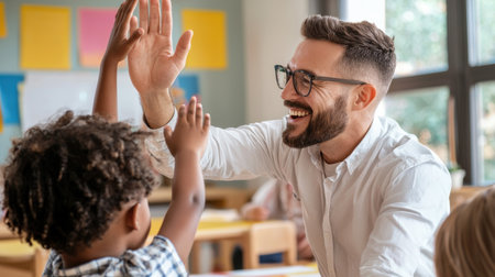A teacher is giving a child a high five. The child is smiling and the teacher is smiling back. The scene is happy and positiveの素材