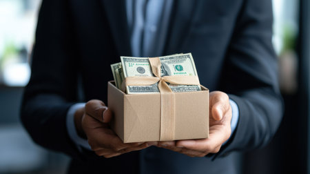 A man is holding a box of money. The box is brown and has a ribbon tied around it. The man is wearing a suit and tie. Concept of wealth and prosperityの素材