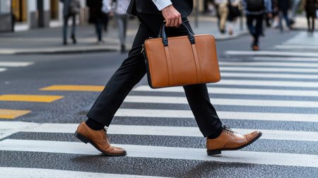 A man is walking across a crosswalk with a brown briefcase. The scene is busy with many people walking around himの素材