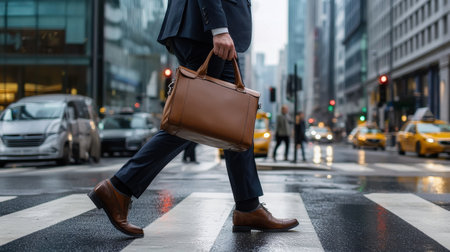 A man is walking across a crosswalk with a brown briefcase. The scene is set in a city with cars and traffic lights. The man is dressed in a suit and tie, and he is carrying a briefcaseの素材